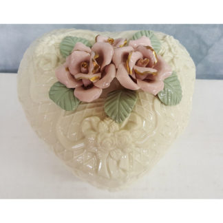 Crown Accents Heart Covered Box Gold Trim Pink Roses