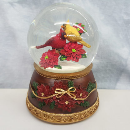 Roman Musical Red and Yellow Cardinal Bird on Poinsettias Christmas Glitterdome