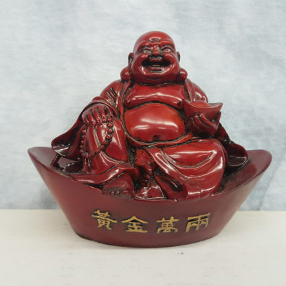 Red Resin Happy Buddha Sitting On Large Ingot