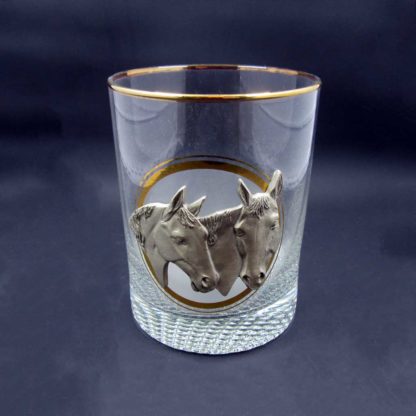 Glass Old Fashioned with Pewter Horses and Gold Rim