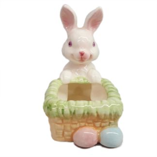 Porcelain Bunny Holding On Side of Basket