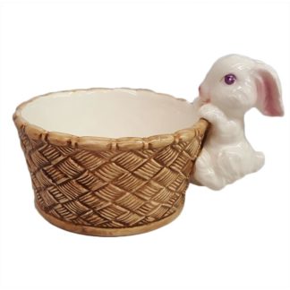 Porcelain Bunny Climbing On Side of Basket