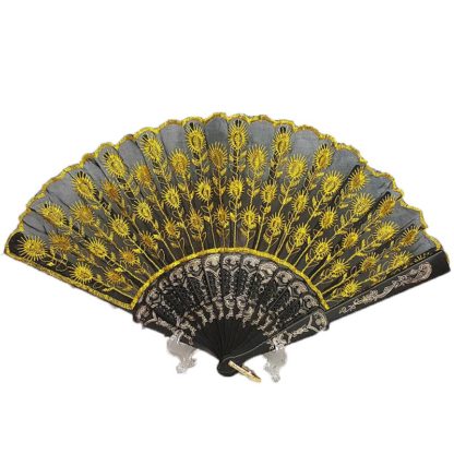 Black Embroidered Lace Hand Fan Gold Peacock Tail