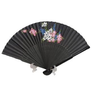 Chinese Black Silk Hand Fan White Pink & Blue Flowers