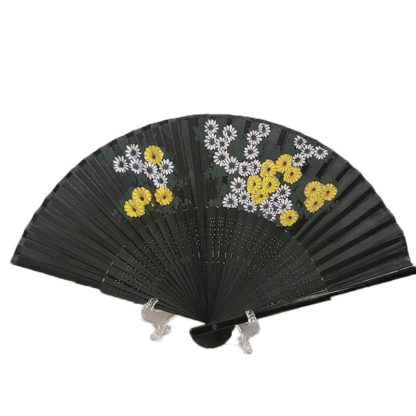 Chinese Black Silk Hand Fan White & Yellow Flowers