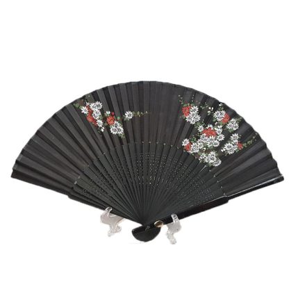 Chinese Black Silk Hand Fan White and Red Flowers