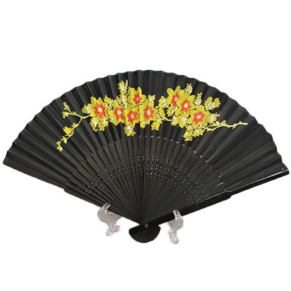 Chinese Black Silk Hand Fan Yellow Flowers