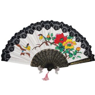 Chinese Cotton Hand Fan Bird & Roses Black Lace