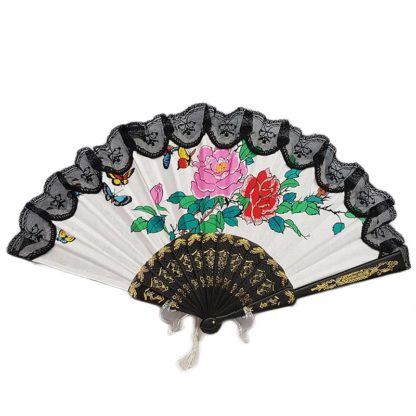 Chinese Cotton Hand Fan Butterflies & Roses Black Lace