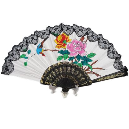 Chinese Cotton Hand Fan Peacock & Roses Black Lace