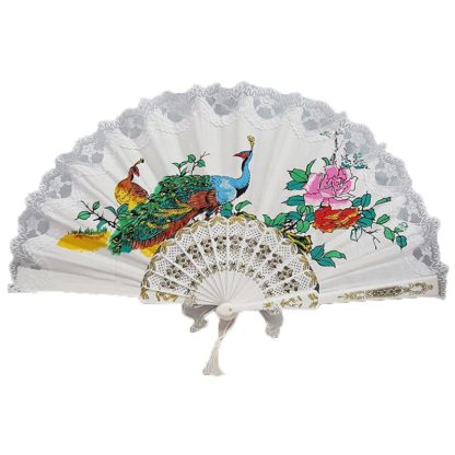 Cotton Embroidered Hand Fan Peacock White Lace