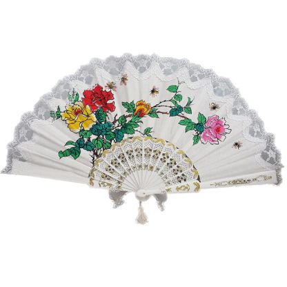 Cotton Embroidered Hand Fan Roses White Lace