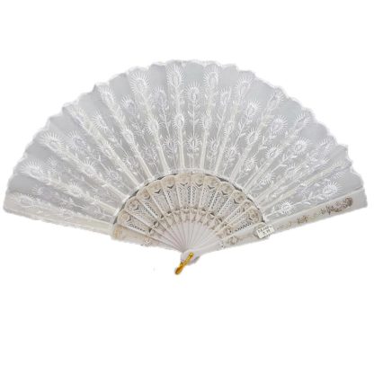 White Embroidered Lace Hand Fan Peacock Tail