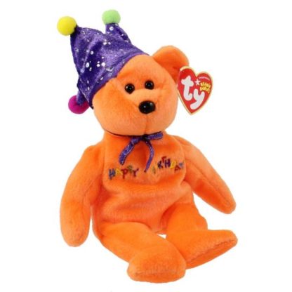 Ty Beanie Baby - Happy Birthday the Bear Orange - w/ Hat