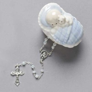 Rosary in Blue Porcelain Keepsake Box for Baby Boy
