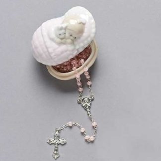 Pink Rosary in a Porcelain Keepsake Box Christening Baptism Gift