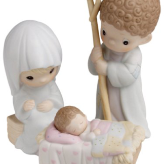 Porcelain three piece Nativity starter set contains Mary, Joseph and Baby Jesus.