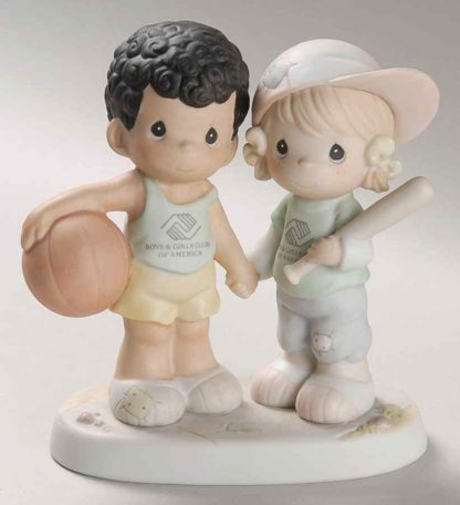 Precious Moments figurine depicts a boy (basketball) and girl (baseball) both holding hands and wearing Boys and Girls Club shirts.