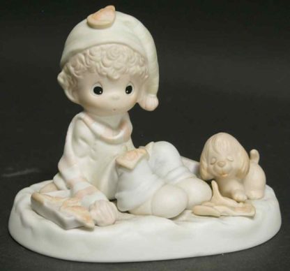 Precious Moments porcelain figurine depicting a boy on the ground with a dropped pizza and puppy.