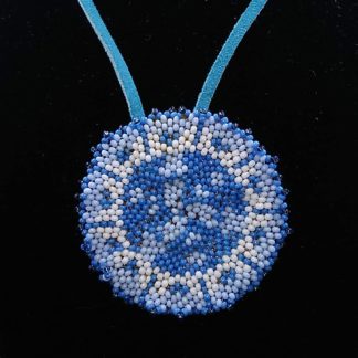 Blue and white hand beaded rosette medallion with blue flat leather laces