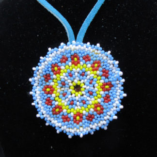 Native American hand-stitched beaded rosette medallion with leather laces and backing