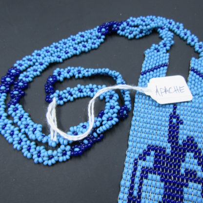 Handmade Native American Beadwork authentic necklace. Blue panel "Apache" features bird in flight.