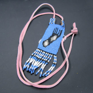 Handmade Native American Beadwork authentic necklace. Blue panel "Bear Claw" with fringe