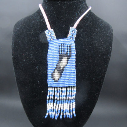 Handmade Native American Beadwork authentic necklace. Blue panel "Bear Claw" with fringe