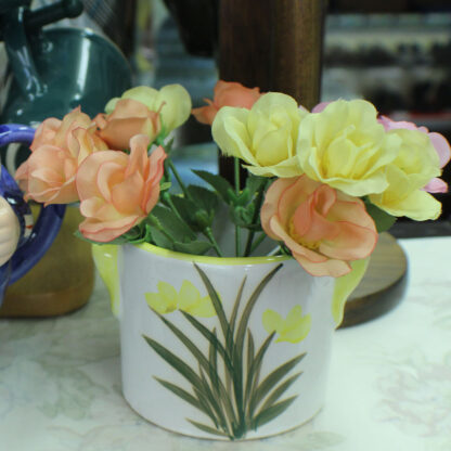 Yellow Tulip Mug Pot featured with mini silk flowers