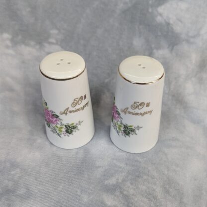 50th Anniversary Salt & Pepper Shakers, Pink Rose painted, Gold lettering