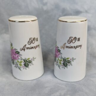 50th Anniversary Salt & Pepper Shakers, Pink Rose painted, Gold lettering