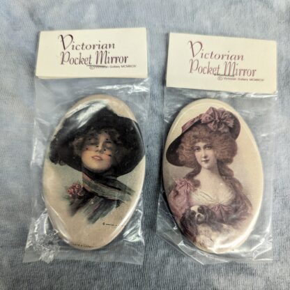 Victorian Pocket Mirror. - Elegant lady in dark hat with veil - Elegant lady in mauve with spaniel dog